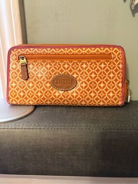 Fossil Orange & Pink Geometric Zip-Around Wallet with Pink Trim